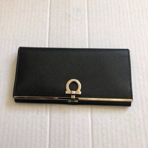 Salvatore Ferragamo black leather gold-toned long wallet with box and tags